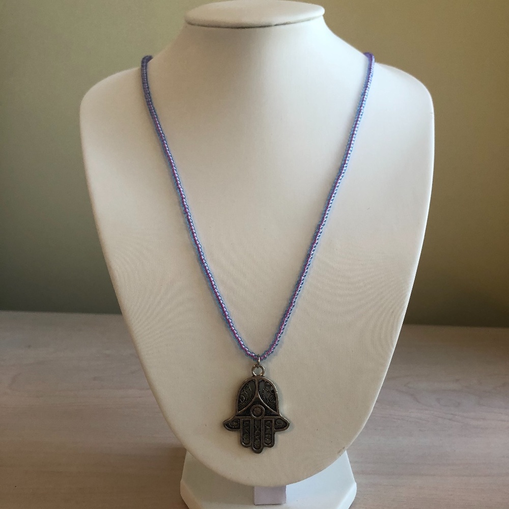 Handmade Periwinkle Glass Beaded Necklace with Hamsa Pendant